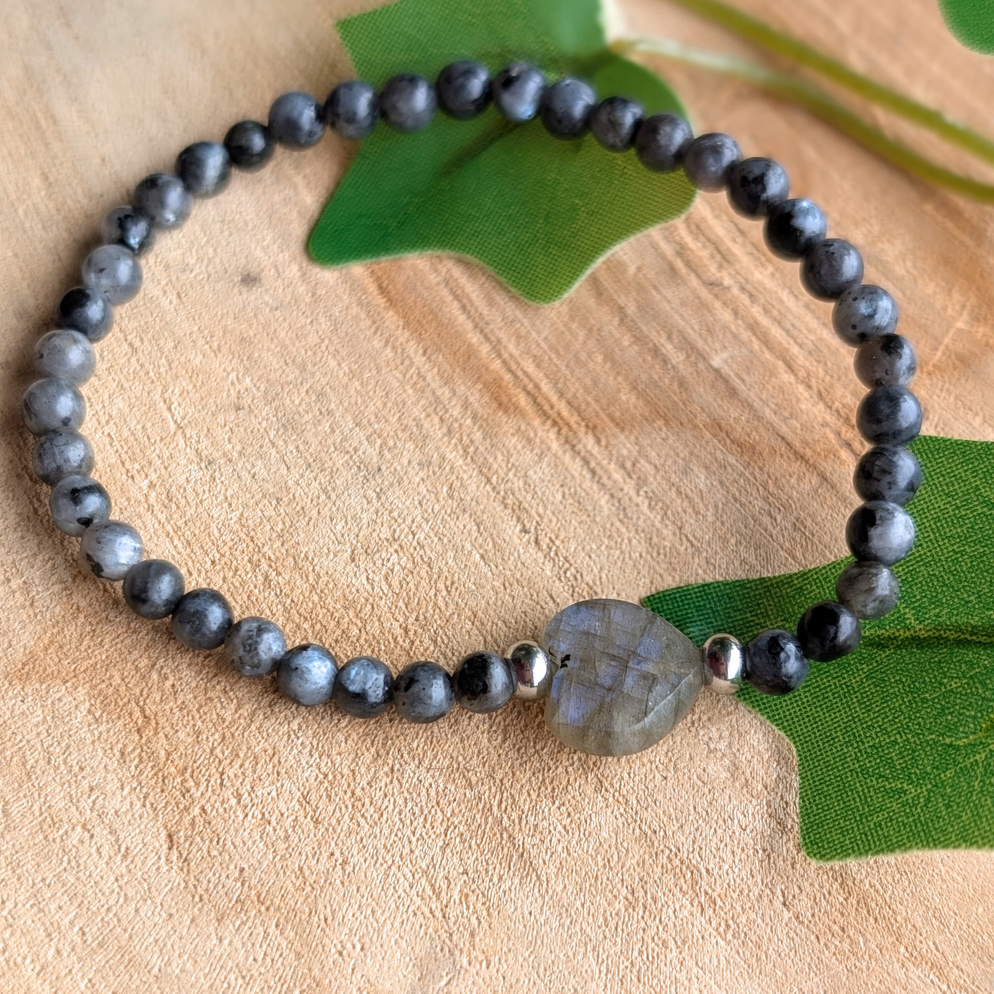 RVS harten sieraden met labradoriet en larvikiet